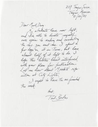 PAUL BOWLES (1910-1999)  Archive of 17 items Signed, P. Bowles or in full, two in red ink, to young poet Mark Dery: 15 Typed Letters
